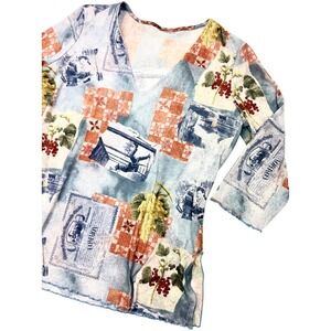Vintage Mesh V-Neck Top Grapes Wine Label Print Lettuce Edge 3/4 Sleeve Blue